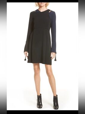 Derek Lam 10 Crosby Black Mini Dress with Navy Sleeve Accent- 10